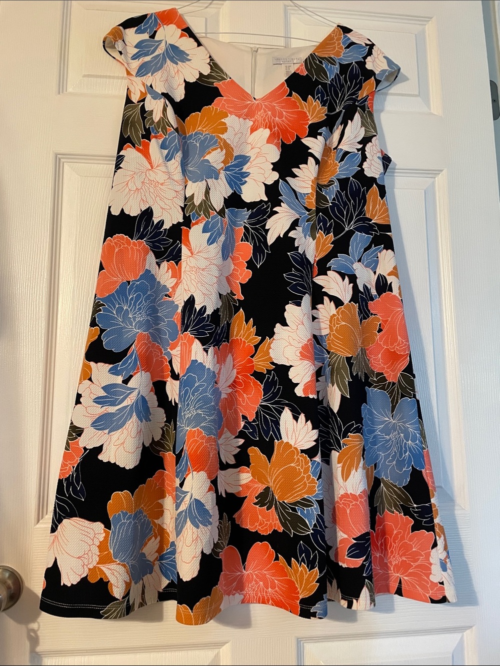 London Times Black A-Line Skirt with Coral, Blue & White Floral Print